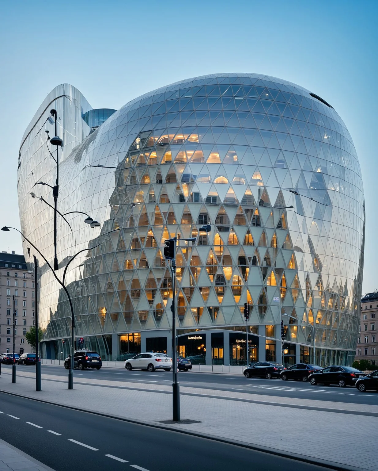 <lora:YourBlobitecture_XL:1> , ((blobitecture)), ((masterpiece)), ((best quality)), scenery, outdoors, sky, building, day, tree, city, real world location, road, motor vehicle, lamppost, window, reflection, curvy, curtain wall, glass,, photography, capturing moments, storytelling, creative composition