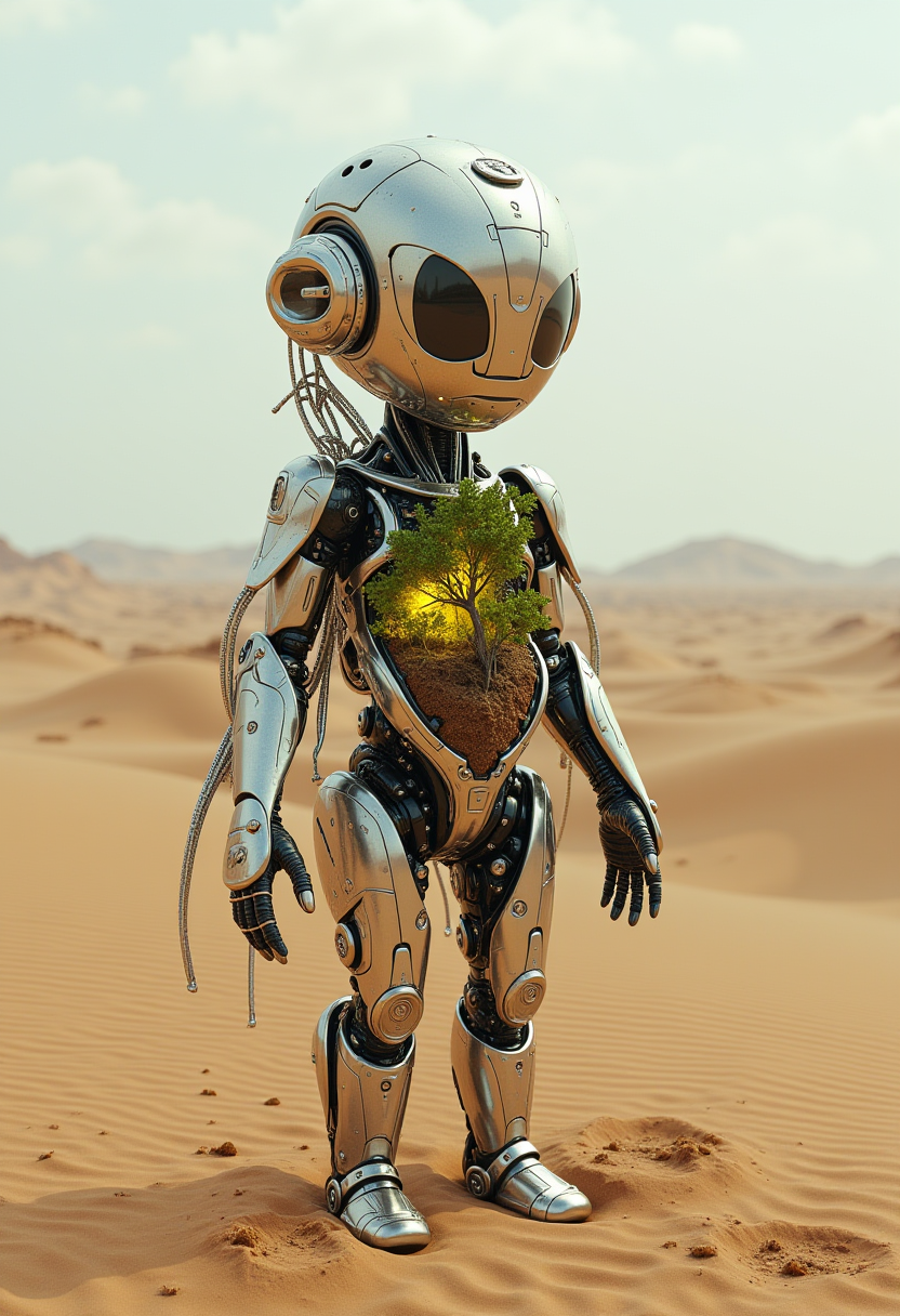 in the style of ck-ncr, A childlike cybernetic being with a chest cavity resembling a garden, complete with miniature trees and flowers thriving in nutrient-rich pods. Their arms are segmented like an exoskeleton, featuring fine, almost insect-like metallic filigree. The child stands in the middle of a barren desert, their glowing bioluminescent veins spreading life into the surrounding landscape. The stark contrast of life and desolation evokes a sense of futuristic hope.