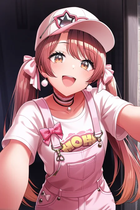 masterpiece, best quality, amazing quality,
<lora:Haruna_IL:1> haruna, 1girl, hat, twintails, smile, solo, long hair, jewelry, open mouth, looking at viewer, overalls, shirt, bangs, bow, baseball cap, choker