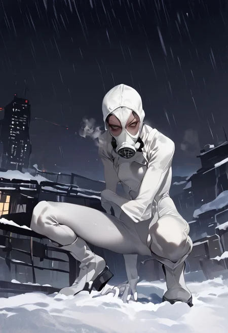 score_9, score_8_up, score_7_up, score_6_up, 1girl, ((face jav white mask)), no breasts, (((white tight bodysuit))), ((rooftop)), ((night)), white boots, white tight scuba, skinny leg, ((((((crouched)))))), (((gray day))),((((((serious eye)))))), ((white gloves)), ((details eyes)),
yyjytjr856856356sd73, ((young)), ((young body)), ((petite)), ((short)), ((skinny body)), ((flat chest)), ((snow)) , ((((white gas mask suit)))), (((heavy breath))), ((((small white gas mask))))