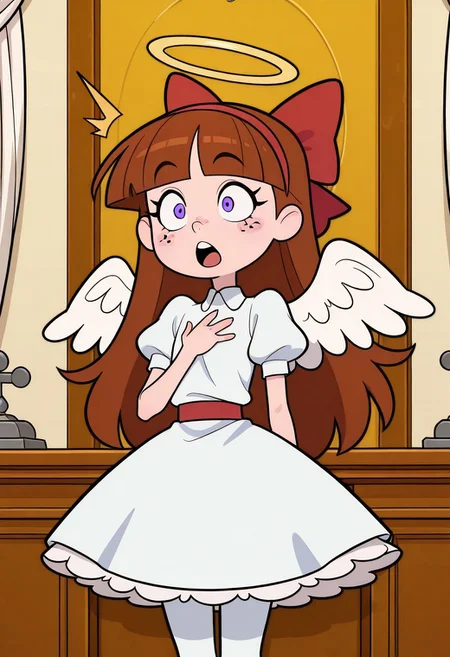 masterpiece, best quality, good quality, little girl, angel, shortstack, 1girl, solo, freckles, blue eyes, eyelashes, perfect eyes, long hair, brown hair, straight bangs, red hairband, red hairbow, white dress, white collared dress, short sleeves, puffy sleeves, red belt, big whit skirt, white petticoat, white pantyhose, silver shoes, halo, angel wings, standing, gasp, hand on chest, shocked, open mouth, heaven, courtroom, cowboy shot, upper body,