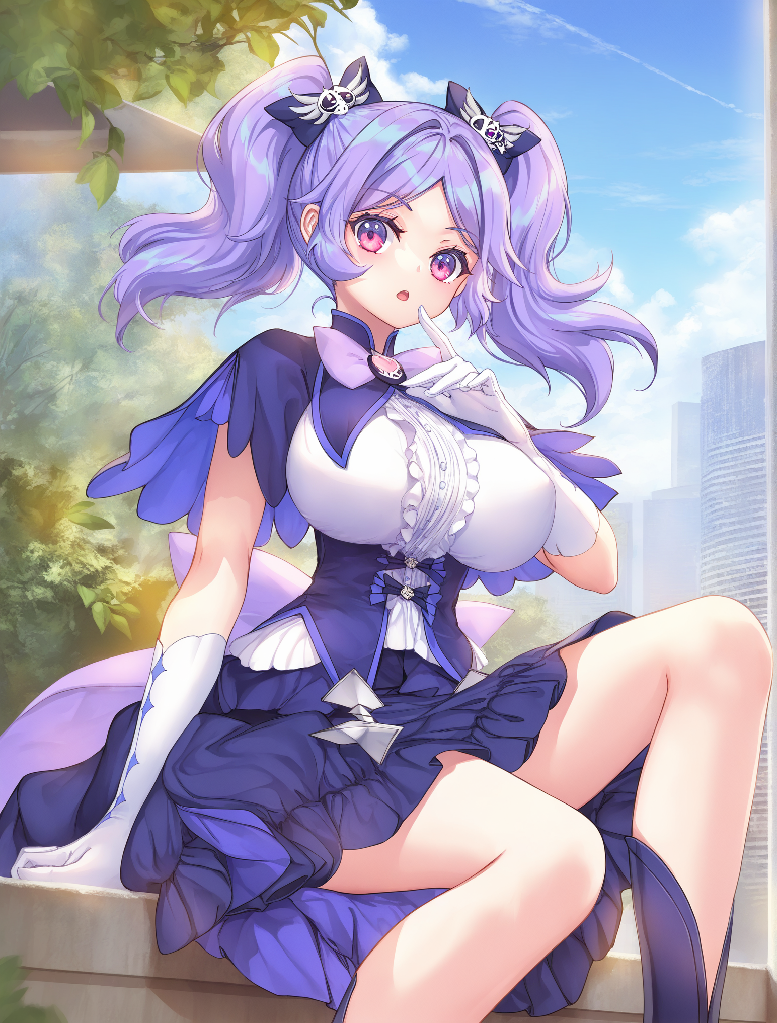 1girl,Lanmei haoxiongdi,<lora:lanmeinoob-000014:1>,
(artist:atdan:0.9),(artist:torino_aqua:0.8),(artist:izumi_tsubasu:0.9),(artist:kedama_milk:1.05),(artist:nardack:0.75),(artist:ke-ta:0.95),(artist:toosaka_asagi:0.7),(artist:sho_(sho_lwlw):0.8),(artist:as109:0.8),twintails,purple hair,pink eyes,solo,perfect face,bedutiful eyes,magical girl,bow,gloves,white gloves,boots,purple bow,dress,skull hair ornament,looking at viewer,hair ornament,large breasts,black bow,black footwear,hair bow,heart,dress,sitting,
day,looking at viewer,open mouth,outdoors,sky,city,
newest,masterpiece,best quality,highres,absurdres,