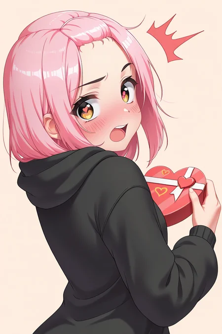 masterpiece, best quality, amazing quality,
1girl, solo, pretty, looking at viewer, surprised, open mouth, offended, look back, running away, blush, holdind, heart shape box, simple background,
 <lora:Shinobu_IL:1> shinobu, pink hair, shor hair, black hoody,