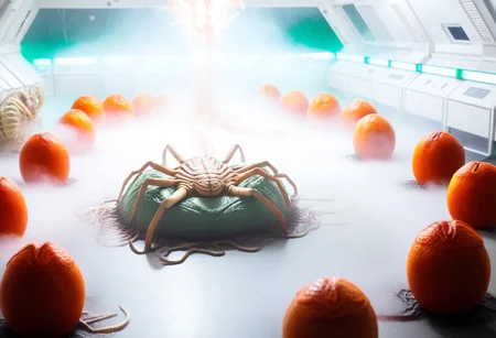 fchgr, blood orange style, xenoegg, view of a group of hatched xenoeggs, xenoeggs made of orange peel, horror theme, green light, space station interior, foggy ground, beautifully lit,
Female Doctor in lab coat with facehugger jumping at her, female doctor lay down, facehugger, alien facehugger