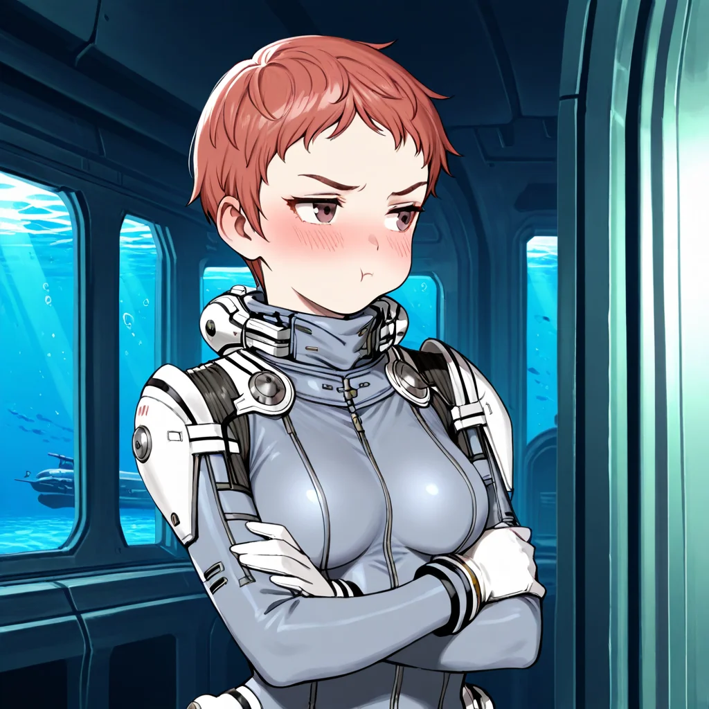 best quality,masterpiece,1girl,solo,kino mayumi,grey bodysuit,red hair,blush,embarrassed,submarine_interior,short hair,brown eyes,medium breasts,gloves,crossed arms,pout,looking away,indoors,science fiction,window,water,underwater,<lora:mayumi_kino_Lora_for_IL:1>,