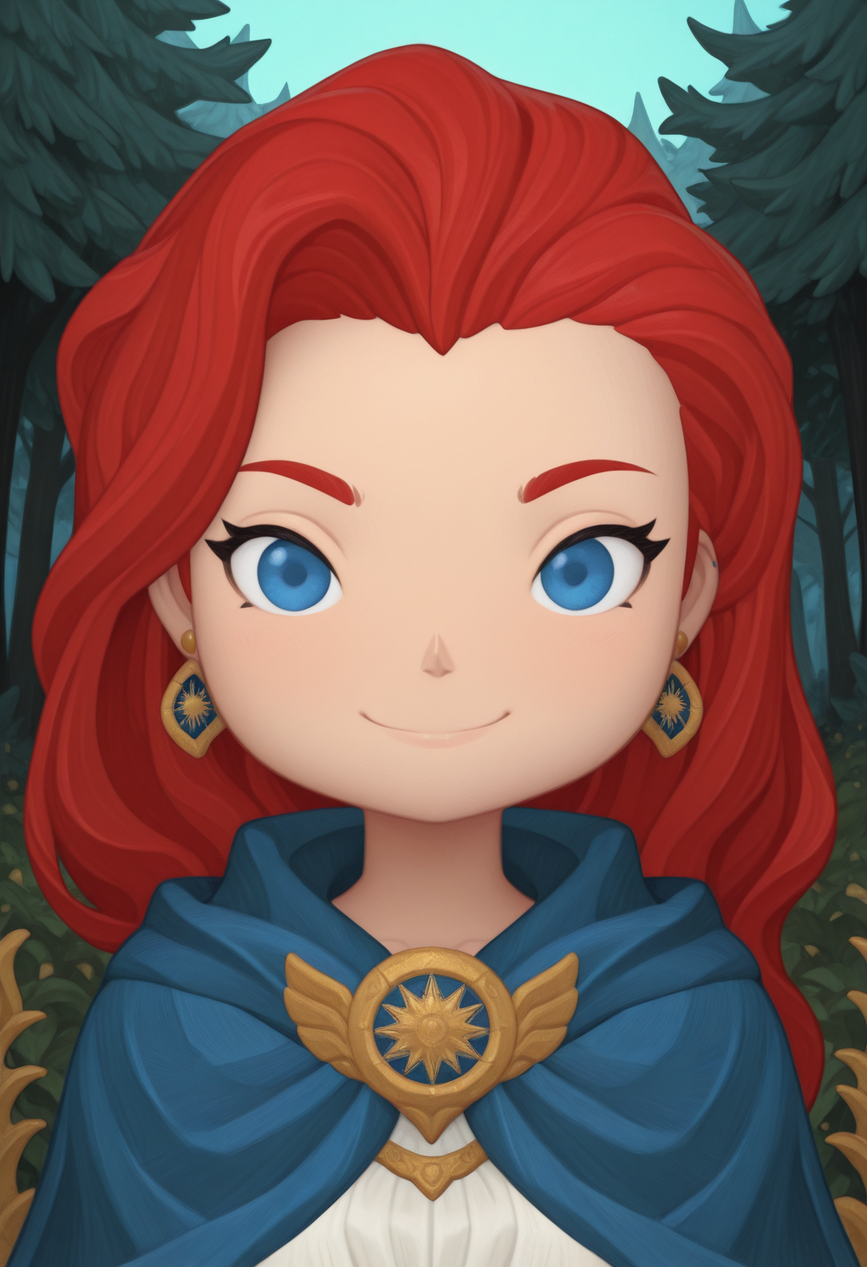 masterpiece, best quality, amazing quality,  funkopop, <lora:funkoPopIllustrious:1>
<lora:afkArenaIllustrious:1> afkarenastyle, 1girl, female, solo, portrait, female focus, red hair, blue eyes, long hair, light skin, smile, looking at viewer, outdoors, beautiful, blue cloak with gold trimming, earrings, green trees