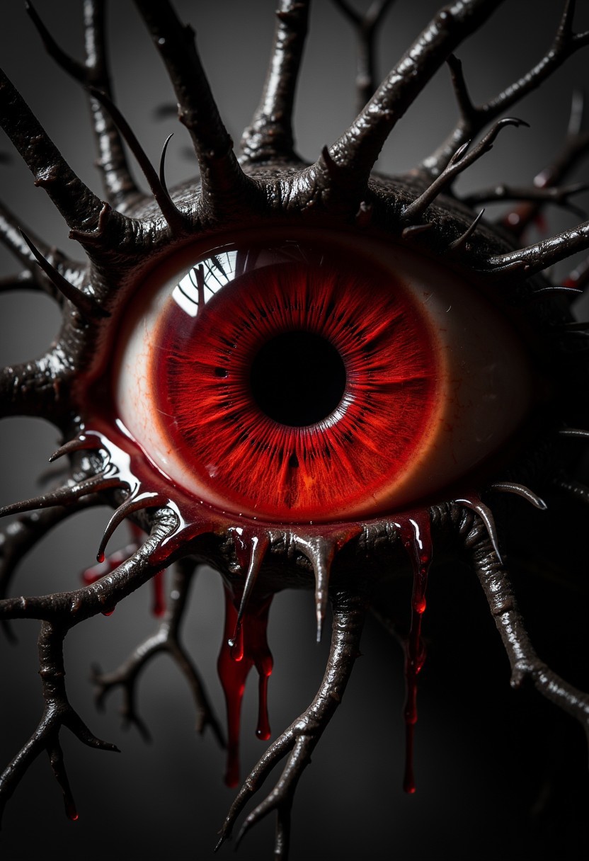 , Highly detailed, digital artwork featuring a close-up of a single, large, human eye. The eye is strikingly vivid, with a deep, intense red iris that is cracked and fissured, giving it a haunting, almost demonic appearance. The pupil is completely black, adding to the eerie effect. The eye is surrounded by thick, dark eyelashes, which are meticulously detailed, and long, dark eyelids that are slightly open. The background of the eye is a deep, dark gray, creating a stark contrast with the bright red of the iris. The eye is embedded within a web of dark, twisted roots and branches that seem to be growing out of the eye itself, adding to the macabre and surreal nature of the image. Red, viscous liquid is dripping from the eye and the surrounding roots, enhancing the dark and foreboding atmosphere. The texture of the eye is smooth and glossy, while the roots and branches are rough and gnarled, with visible cracks and crevices. The overall style of the artwork is dark and Gothic, with a focus on detailed, hyperrealistic elements and a strong emphasis on horror and the macabre. detailed eyes, sinfully stylish, dramatic light, soft light, long shadows, aidmarealisticskin, dim light,  Low key, Chiaroscuro, partially covered in shadow, dramatic shadow