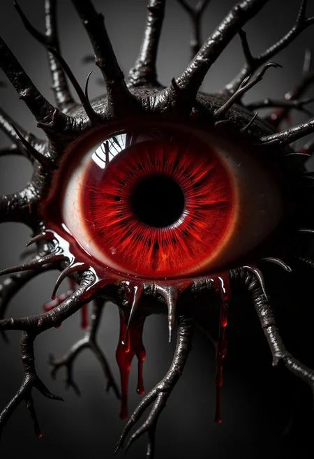, Highly detailed, digital artwork featuring a close-up of a single, large, human eye. The eye is strikingly vivid, with a deep, intense red iris that is cracked and fissured, giving it a haunting, almost demonic appearance. The pupil is completely black, adding to the eerie effect. The eye is surrounded by thick, dark eyelashes, which are meticulously detailed, and long, dark eyelids that are slightly open. The background of the eye is a deep, dark gray, creating a stark contrast with the bright red of the iris. The eye is embedded within a web of dark, twisted roots and branches that seem to be growing out of the eye itself, adding to the macabre and surreal nature of the image. Red, viscous liquid is dripping from the eye and the surrounding roots, enhancing the dark and foreboding atmosphere. The texture of the eye is smooth and glossy, while the roots and branches are rough and gnarled, with visible cracks and crevices. The overall style of the artwork is dark and Gothic, with a focus on detailed, hyperrealistic elements and a strong emphasis on horror and the macabre. detailed eyes, sinfully stylish, dramatic light, soft light, long shadows, aidmarealisticskin, dim light, Low key, Chiaroscuro, partially covered in shadow, dramatic shadow