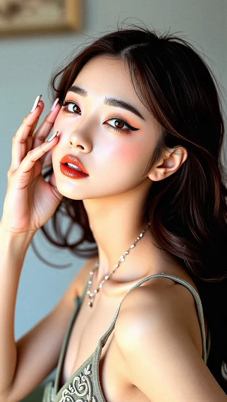 An upper body image of a beautiful korean woman, multicolored wavy hair, light brown eyes, and bold eyeliner. She has fake nails, and her lips are shiny and full. The extreme realism focuses on her detailed skin, showing fine textures and natural highlights.
The background is indoor plaza, background Couples dancing to street musicians in public squares,
Her outfit are Retro halter-neck sundress with intricate design.
Subtle skin pores and natural texture on the face and neck, Realistic light reflections on the surface of the eyes, Slightly raised veins visible under the skin on the neck, Subtle veins visible on the eyelids under certain lighting, Realistic reflection of light on the glossy lips, following their curvature, Soft reflections on the necklace, enhancing its metallic look, Soft shadows under the lower lip, enhancing depth and form, slight noise effect to add texture and realism to the image.a slight sheen of sweat or natural skin oil to areas like the forehead and nose.Apply subsurface scattering to the skin to simulate the way light penetrates and scatters within it, enhancing realism.
Classic head tilt with a smile, one hand lightly touching her cheek