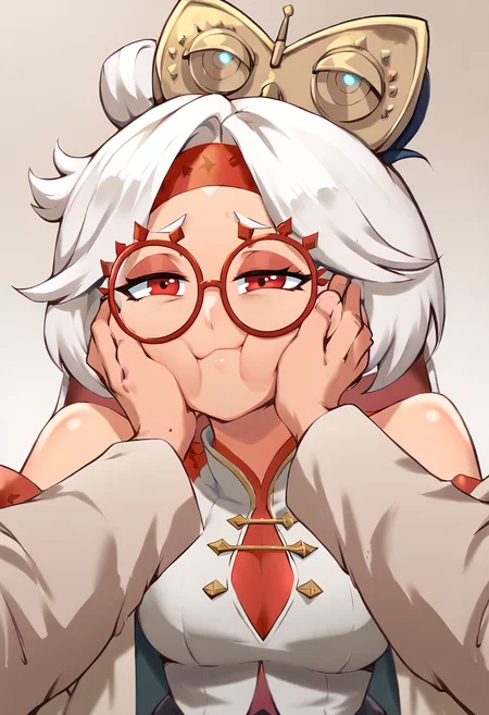 score_9, score_7_up BREAK cheek squash, hands on another's face, hands on another's cheeks, solo focus, pov hands, purah,white hair,red eyes,hair ornament, red headband, red glasses, sleeveless shirt, white coat,smug <lora:POVCheekSquash_XLPD:1> <lora:purah-pdxl-nvwls-v1:0.8> <lora:bayeuxman_pd:1>