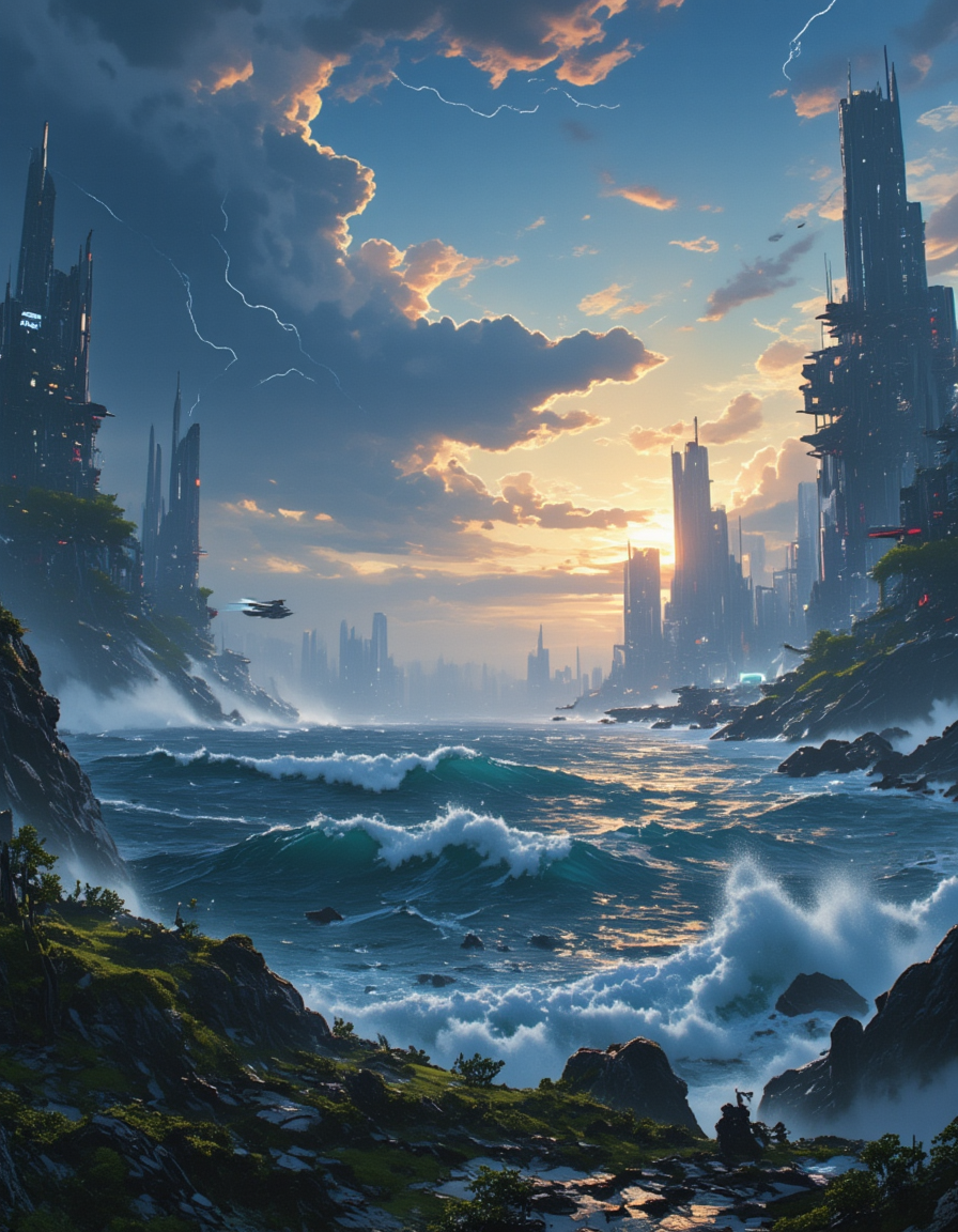 <lora:SW01v2-1flux:1>  EFFD02, imagination, cyberpunk city, epic world, sunset, SE12, rich detailed sky, clouds, T10, landscape, huge very high waves, epic scale, rocks, tortured trees, vegetation, moss, rough sea, blue, T1, white, dark blue, fantasy, blue, gold, T3, T7, bokeh, T4, spacecraft, storm, lightnings, wind, impressive,