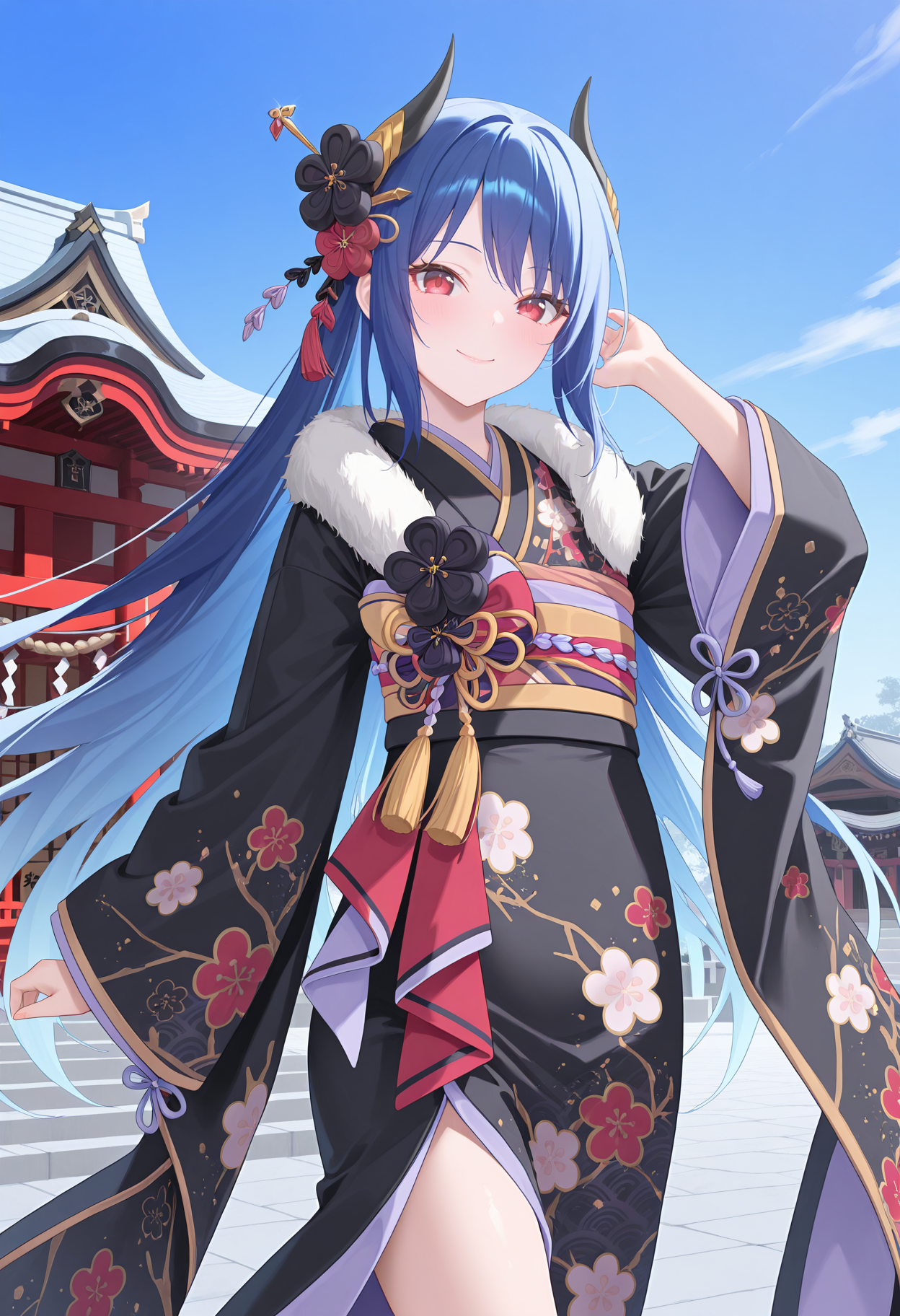 highres, best quality, masterpiece, new year, blue sky, temple,
1girl, solo, pcrrei, very long hair, blue hair, demon horns, red eyes,
reipcny, hair ornament, hair flower, black kimono, floral print, fur collar, fur trim, wide sleeves, sash, obi, tassel,
looking at viewer, smile,
standing, hand up, cowboy shot, 
<lora:_rei_pcr-elesico-ilxlAb-000002:1>