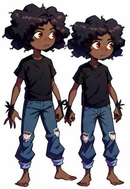 score_9, score_8_up, score_7_up, 1girl, solo, cartoon,
easynegative, conceptart, multiple views, full body, profile pictures, white background, simple background, , simple background,
brown skin, red eyes, curly black hair, massive afro, short female,cuffed grey jeans, black T-shirt, blue wolf-skin hood, two pieces black fabric tied around wrists,<lora:Wolf_AoW:1>, five fingers, perfect anatomy, flat chest, child