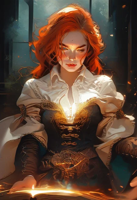Safe_pos, (score_9, score_8_up, score_8), ultra detailed, high resolution, high quality, masterpiece, intricate details, intricate body, intricate landscape, knva, Expressiveh, hkmagic, missfortune, European Instagram Model, Sorceress, Wizard, Casting Thunder Magic Spells, Magic Circle, Thigh Strap, 1girl, source_cartoon, triss merigold, 1girl, solo, red hair, freckles, green eyes, hair bun, ((Dark-Auburn Hair, Blue Eyes, Full Lips, Delicate and Smooth Skin, Blush Perfect Body, Highly Detailed, Glossy Lips)), Beautiful, Attractive, (Long Hair, Shiny Hair), (Wizard), ((Femme Fatale)), Tight-Fitting Blue-and-White Dress, Corset, Sexy, Belt, Brown Thigh-High Boots, Fantasy, Medieval, ((Extremely Detailed Face and Eyes)), Looking at Viewer, (Flirty Smile), Soft Lighting, Warm Lighting, Unique Angle, Unique Perspective, Dramatic Angle, ((Full Body)), From Above, Tomes in Background, Magic Book, Ritual