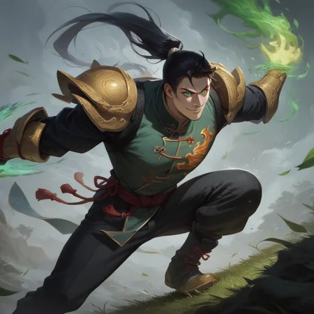 score_9, score_8_up, score_7_up, BREAK source_anime, source_cartoon, 1boy, happy, wide smile, ((expressive)), (((((chinese fighting pose)))), thin chin, solo, detailed face, detailed eyes, (Green eyes), white skin, black hair tied up, man with hair tied up, ((long hair)) (ponytail), ((glowing enery)), very muscular man, muscular chest, broad shoulders, Chinese combat attire, green Chinese clothing, golden sleeves, (((golden scale pattern))), loose black pants, red rope belt
BREAK
(((green fire in hands))), (flaming gauntlets in hands), green flaming eyes),
outside, grass, trees, flying leafs