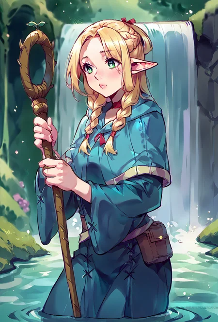 score_9,score_8_up,score_7_up,score_6_up,score_5_up,score_4_up ,<lora:aesthetic_witchy:0.3>,witchyaesthetic,realistic,blurry background witchyset57, rating_questionable, waterfall, cowboy shot, playing instrument, <lora:IlyaKuvshinovXL:0.8>,neon lighting,rim light,colored outline,high contrast,<lora:style_ariimaw-000004:0.6>,<lora:Smooth Anime Style LoRA XL:0.5>, <lora:Marcille:1.1>,marcilledonato,green eyes,blonde hair,robe,blue capelet,holding staff,