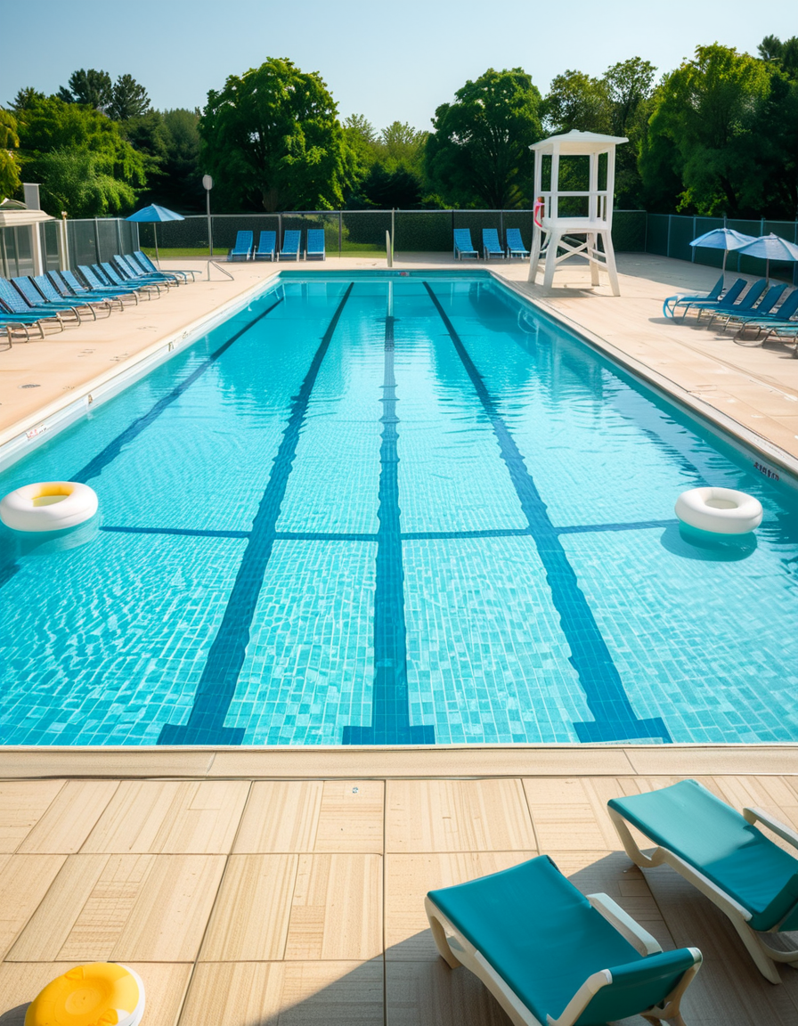 A large public swimming pool on a sunny day, completely empty of people. The clear blue water is still, reflecting the bright sky. Sunlight creates shimmering patterns on the tiled pool floor. The pool deck is lined with neatly arranged lounge chairs and colorful umbrellas. A lifeguard chair stands vacant at the poolside. Surrounding the area, lush green trees and well-maintained landscaping add a sense of tranquility. The atmosphere is calm and serene, with no movement except for the gentle ripples in the water.
<lora:SDXLFaeTastic2400:0.4> <lora:extremely_detailed:0.4> extremely detailed, <lora:public_swimming_p00l:1>,public swimming p00l, Masterpiece,best quality,hi res,8k,hi res,8k,award winning,(sharp focus, intricate, highly detailed),