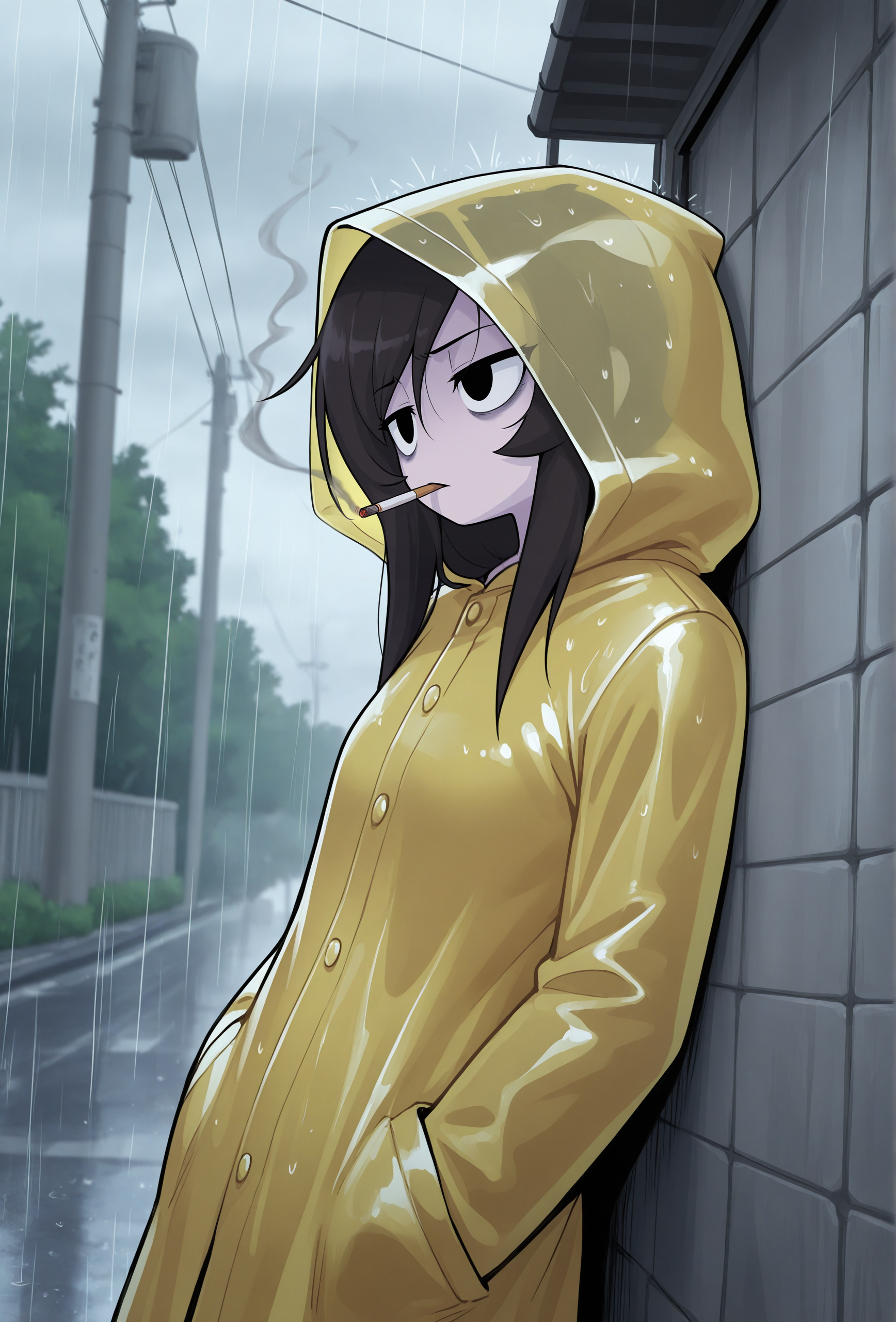 masterpiece,best quality,amazing quality, <lora:rosemary_cabronpr_illustrious_v1f:0.75> rosemary, 1girl, solo, black eyes, no nose,bags under eyes, smoking, cigarette, BREAK
(depth of field:1.3), raincoat, hood up, rain, overcast, outdoors, tree, utility pole, road, leaning back, against wall,
