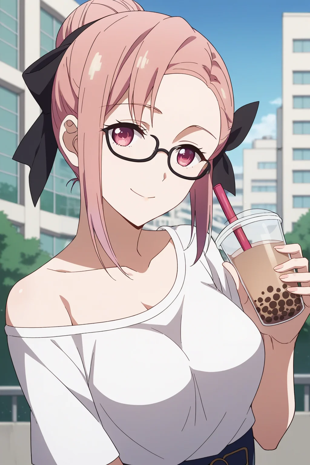score_9, score_8_up, score_7_up, source_anime, 1girl, prefect lighting, very aesthetic, intricate details, highly detailed background, masterpiece, high quality, prefect hands, best quality, solo,
<lora:Tsubame_Kaguya-sama_Love_Is_War_V1:.85>, KJOtsubame, pink hair, pink eyes, hair bun, hair bow,
high waist jean, t-shirt, off shoulder, black glasses,
smile, leaning forward, holding bubble tea, head tilt, dutch angle,
outdoors, city, smoke, gray sky,
(Beautiful, medium Breasts:1.2), natural breasts,
