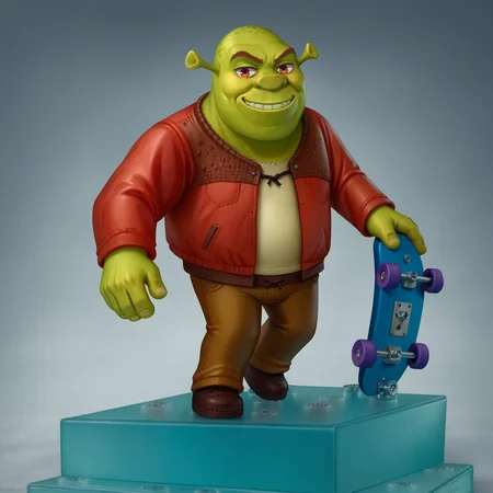 score_9, score_8_up, score_7_up, faux figurine, nendoroid, full body, figure, platform, solo, <lora:Nendoroid_pdxl_Incrs_v1:1>, 1boy, holding skateboard, pants, red jacket, <lora:Shrek_XLPD:1> shrek, green skin, smirk,