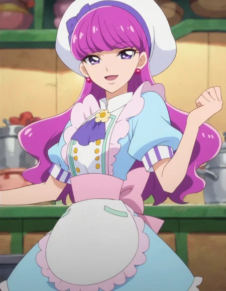 score_9, score_8_up, score_7_up, anime screencap, solo,1girl, kotozumeyukari, earrings, jewelry, hat, apron, smile, white headwear, dress, open mouth, looking at viewer, short sleeves, blue dress, cowboy shot,medium breasts,<lora:kotozumeyukari:0.8>