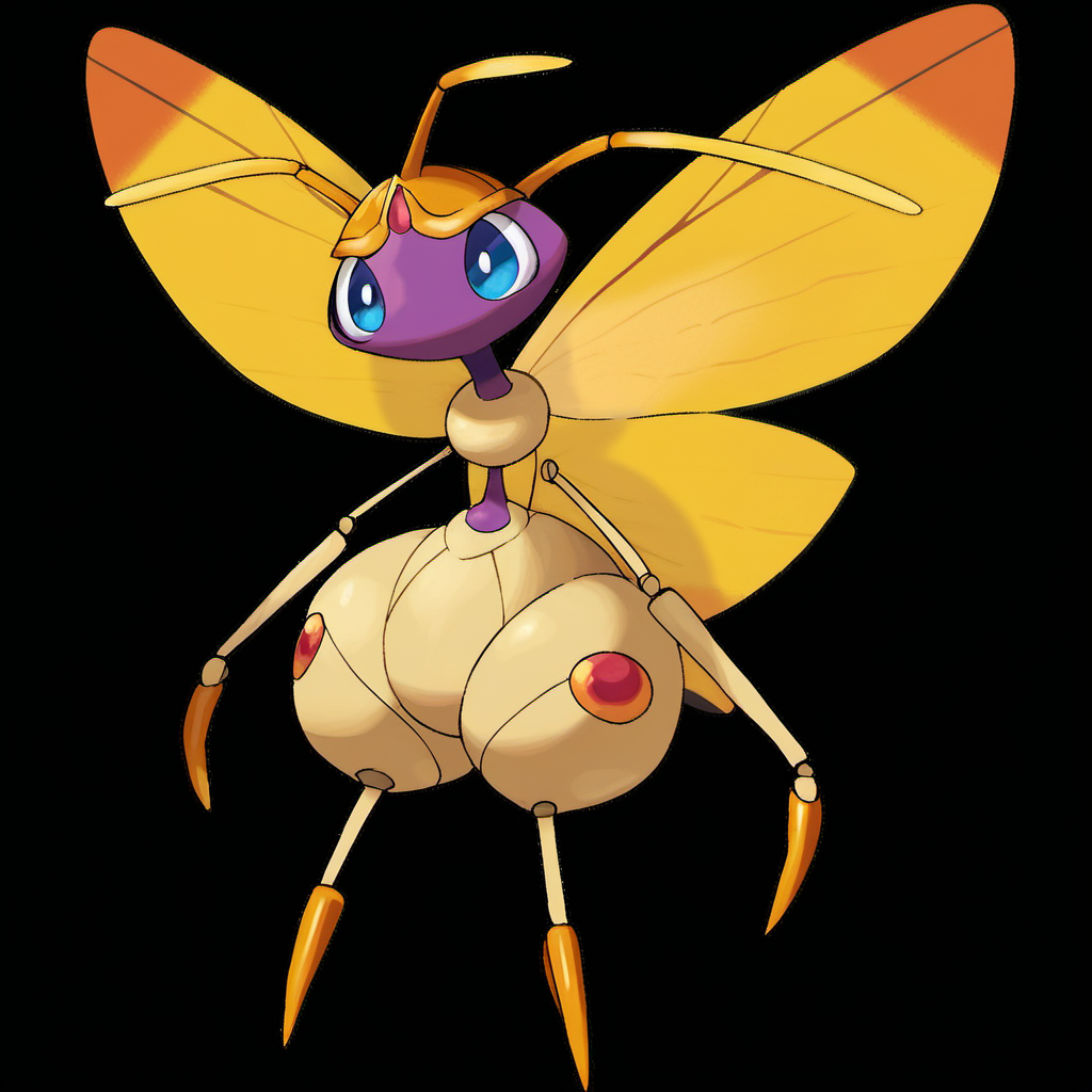 source_furry, rating_safe,  <lora:pokemon_pony_xl:0.8>, Type: Bug, Type: Fighting, Egg Group: not obtainable, is an Ultra Beast that resembles a feminine anthropomorphic cockroach, It is primarily white with a thin build, Its torso is composed of five thin discs that droop slightly downward, The widest disc makes up its shoulders, the second widest its hips, and the two smallest its chest and waist, There is a gold ovoid inside of the widest disc, where its long, thin neck protrudes from, Its arms and legs are also long and thin with gold joints, Its hands and feet are both composed of two golden claws, has a small, semi-flattened head with a yellow, crown-like structure on top, The two tallest points of the crown point to its long, thin antennae, which are white with small gold balls at the tips, Attached to the back of its head are two structures resembling insect wings, The wings are transparent, curve slightly inward, and reach nearly to the ground, It has narrow, purple eyes with bright blue pupils, score_9, score_8_up, score_7_up, score_6_up, score_5_up, score_4_up