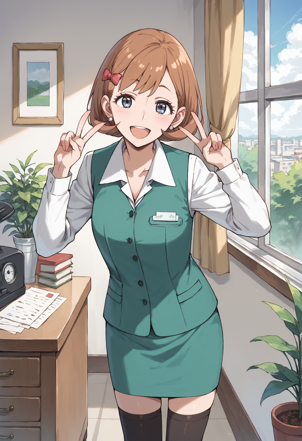 score_9, score_8_up, score_7_up, , score_ANIME, 1girl,, millie <lora:millie_myers_pony5:1>milliemyers, 1girl, solo, brown hair, short hair, pencil skirt, black thighhighs, hairclip, green vest,looking at viewer, smile, ,  long sleeves, grey eyes, medium breasts, double v,  open mouth,  office, standing, window,  sky, typewriter, white shirt,