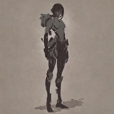 style, <lora:Charasilhouette-V1-000001:1> simple background, concerned face, sci-fi, warrior, 1girl, heroic pose,full body