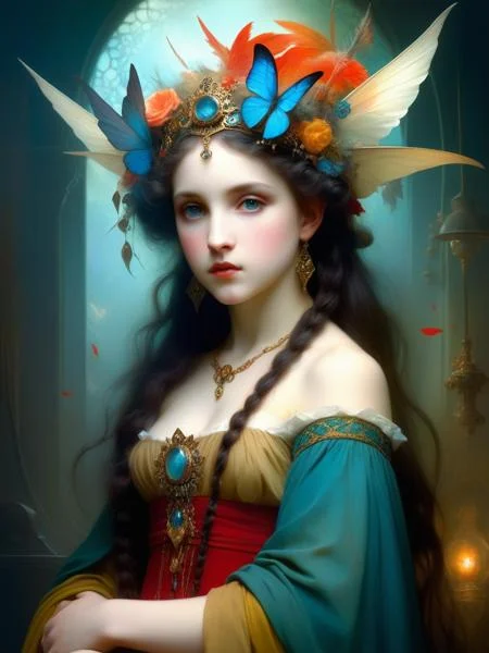 <lora:05ClassicalArt_Hap_XL:1>, William-Adolphe Bouguereau style, Alexander Jansson meets Loish meets Anne Bachelier fusion style, adorned with vibrant colors, high intricate detail, dramatic lighting，