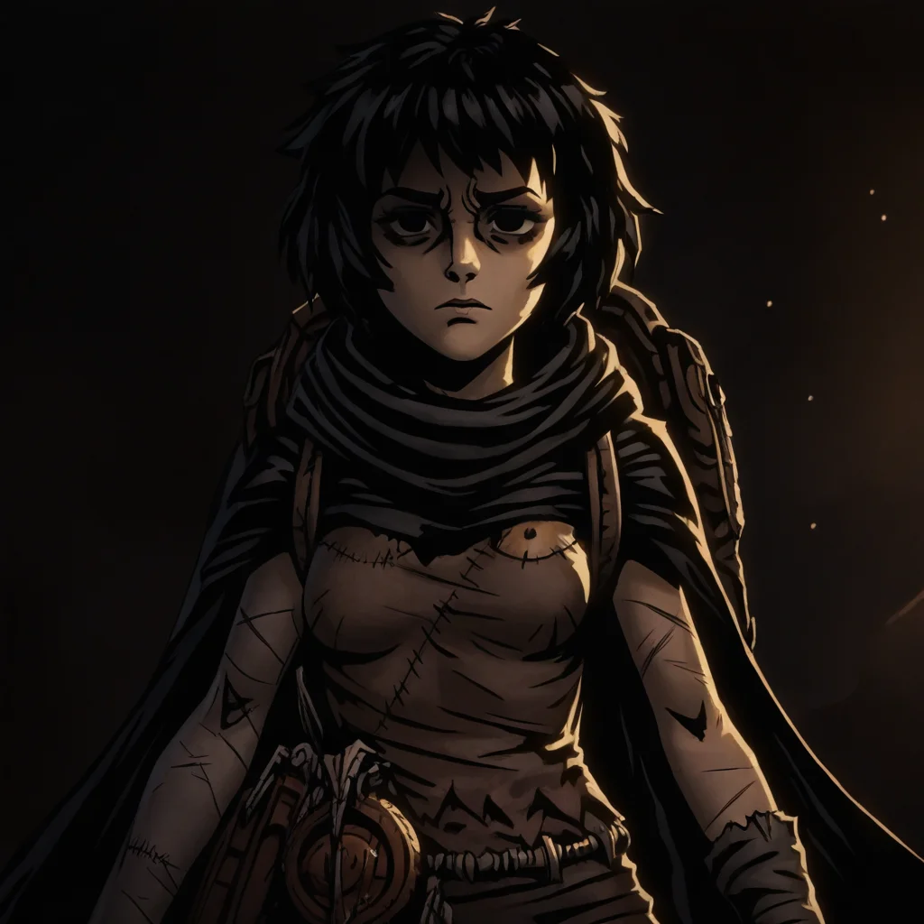 masterpiece, best quality, newest, absurdres, highres, anime, anime style, DDstyle, official style, black eyes, shaded eyes, 1girl,  DDRAW-V1.0, cape, black hair, short hair, small breasts, backpack, rags