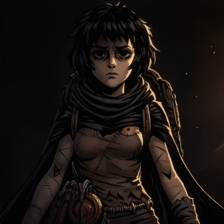 masterpiece, best quality, newest, absurdres, highres, anime, anime style, DDstyle, official style, black eyes, shaded eyes, 1girl, DDRAW-V1.0, cape, black hair, short hair, small breasts, backpack, rags