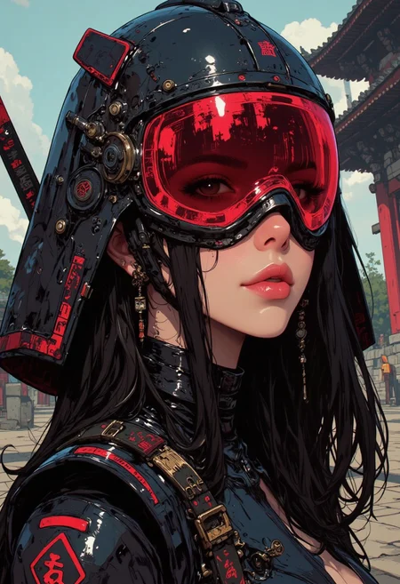 gothic, niji,  this digital anime artwork portrays an erotic, sexy asian female cyberpunk samurai, helmet with mirrored visor, hyperdetailed helmet, flowing black hair, reflective black and neon red armor, a katana strapped to her back, abstract background suggesting eastern temple