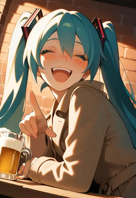 1girl, solo, hatsune miku, lips, trench coat, holding beer mug, laughing, squatting on wooden stool, closed eyes, blush, brick wall, pointing forward, upper body, dutch angle, dark night, sidelighting, masterpiece, best quality, very aesthetic