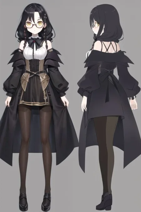 anime, girl, goth, black hair, twin braids hair, glasses, yellow eyes, black short shorts, witch, medieval fantasy, small boobs, uniform, shoulders, noble, gothic makeup,pantyhose, serious face, simple blackground, model sheet