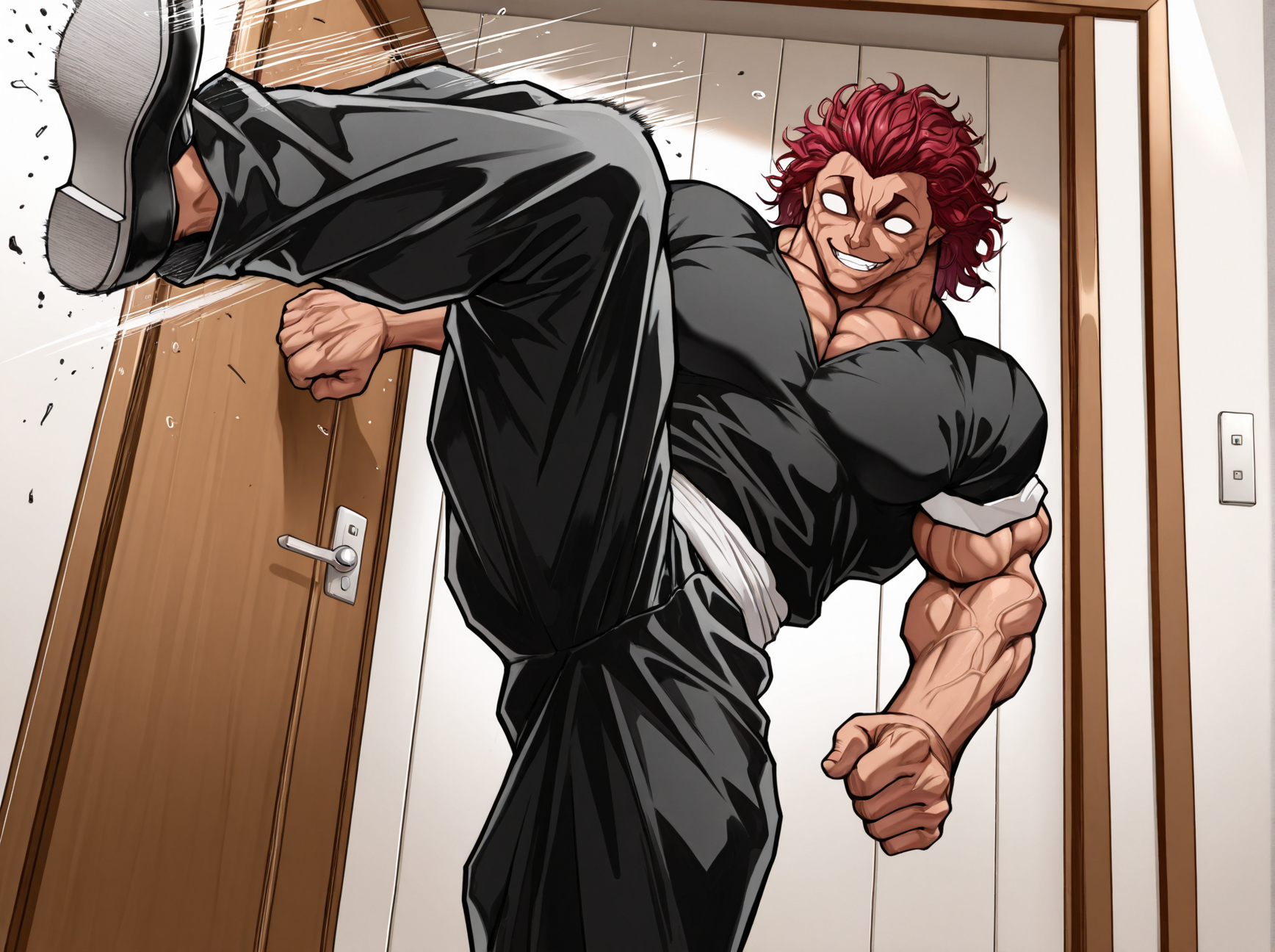 masterpiece, best quality, amazing quality, absurd res, 
 <lora:Yujiro_Hanma_Baki_for_Illustrious:1> 1boy, yuj1ro, muscular, pants, shirt, red hair
kicking door off, smile, blank eyes,