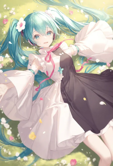 <lora:myc1_noob1.1-000189:1>,
magical mirai miku, 1girl, flower, hatsune miku, solo, hair ornament, hair flower, dress, on back, long hair, twintails, pink flower, ribbon, lying, outstretched arms, white flower, grass, looking at viewer, open mouth, wide sleeves, detached sleeves, smile, black dress, very long hair, aqua eyes, petals, hair between eyes, aqua hair, white dress, neck ribbon, long sleeves, yellow flower, from above, pink ribbon, white sleeves,
masterpiece,best quality,newest,absurdres,highres,very awa,
