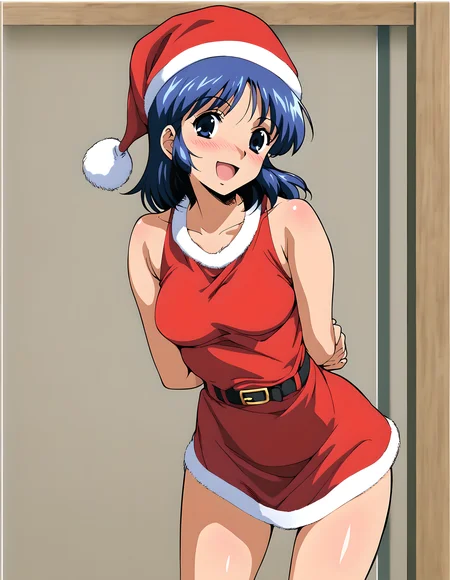 <lora:pony_xl_kasumi>,kasumi,score_9,source_anime,1girl,solo,best quality,masterpiece,super fine illustration,solo,standing,arms_behind_back,leaning_forward,thigh,cowboy_shot,looking_at_viewer,santa_hat,santa_costume,wrinkling of clothes,indoor,laughing,light_blush,