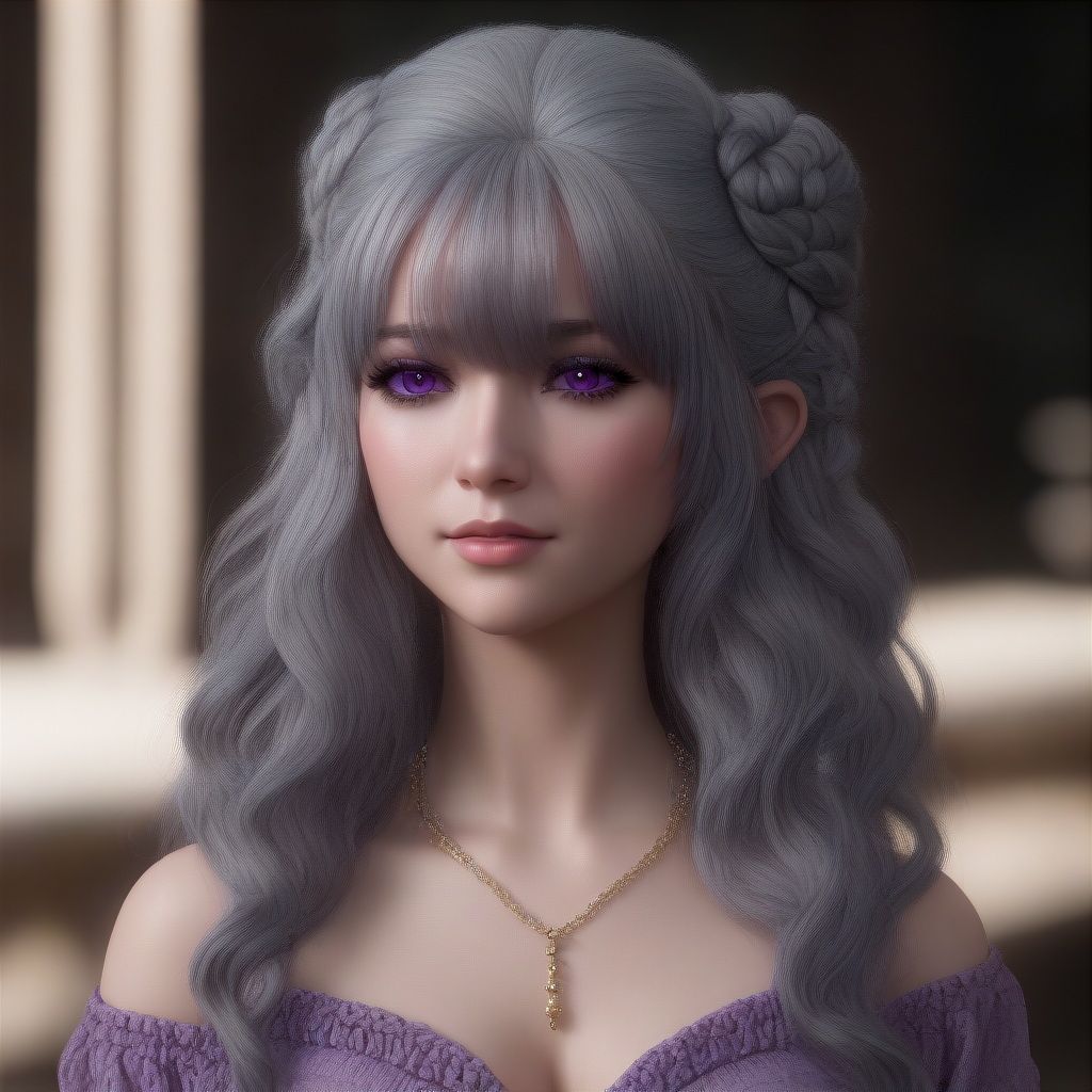 lisa, bow, braid, breasts, light purple eyes, jewelry, grey hair, wavy hair, hair between eyes, virtual youtuber, long hair, horns, cow ears, hair buns, best quality, shading, sharpness,
3D, render, human, ultra-realistic, 
 <lora:LISA-XL-t1:0.6>