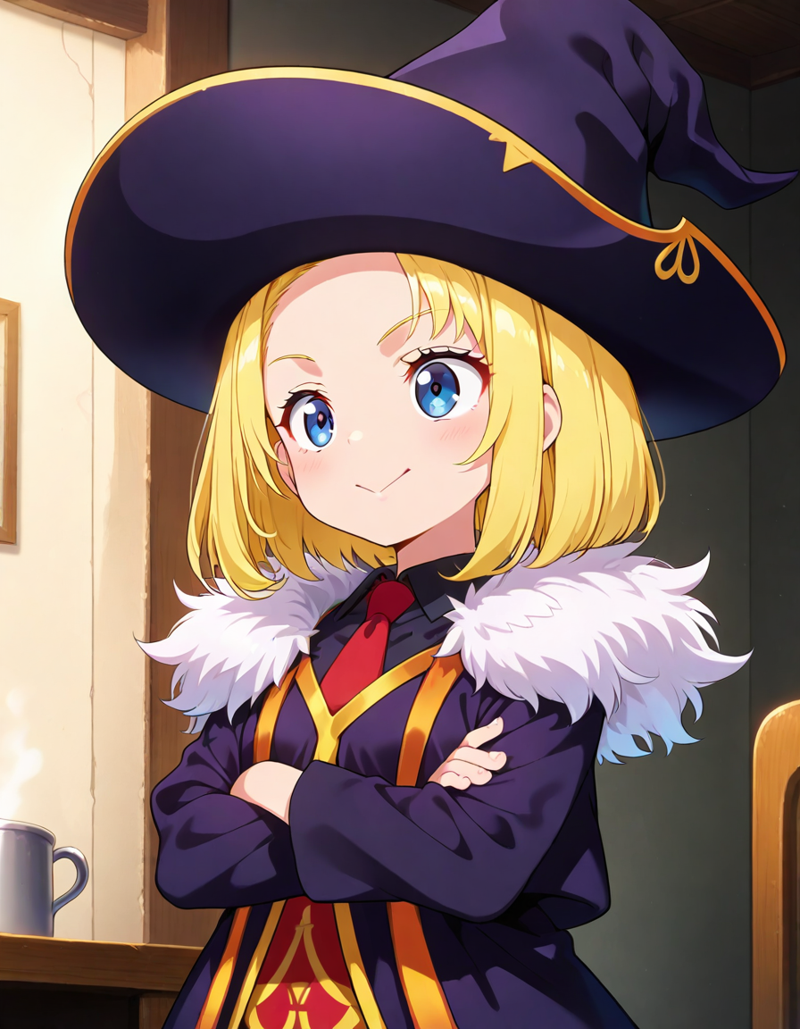 <lora:UsagaJudey_SDXL_Illustrious11_fp16_ver06:1>,UsagaJudey,1girl, solo,blonde hair,one length bob cut hair, forehead, blue eyes,witch hat,necktie,fur-trimmed dress,red tabard,skirt,red tabard,upper body, :>, masterpiece, best quality, very aesthetic, absurdres,<lora:detailed_hands:1>,hand