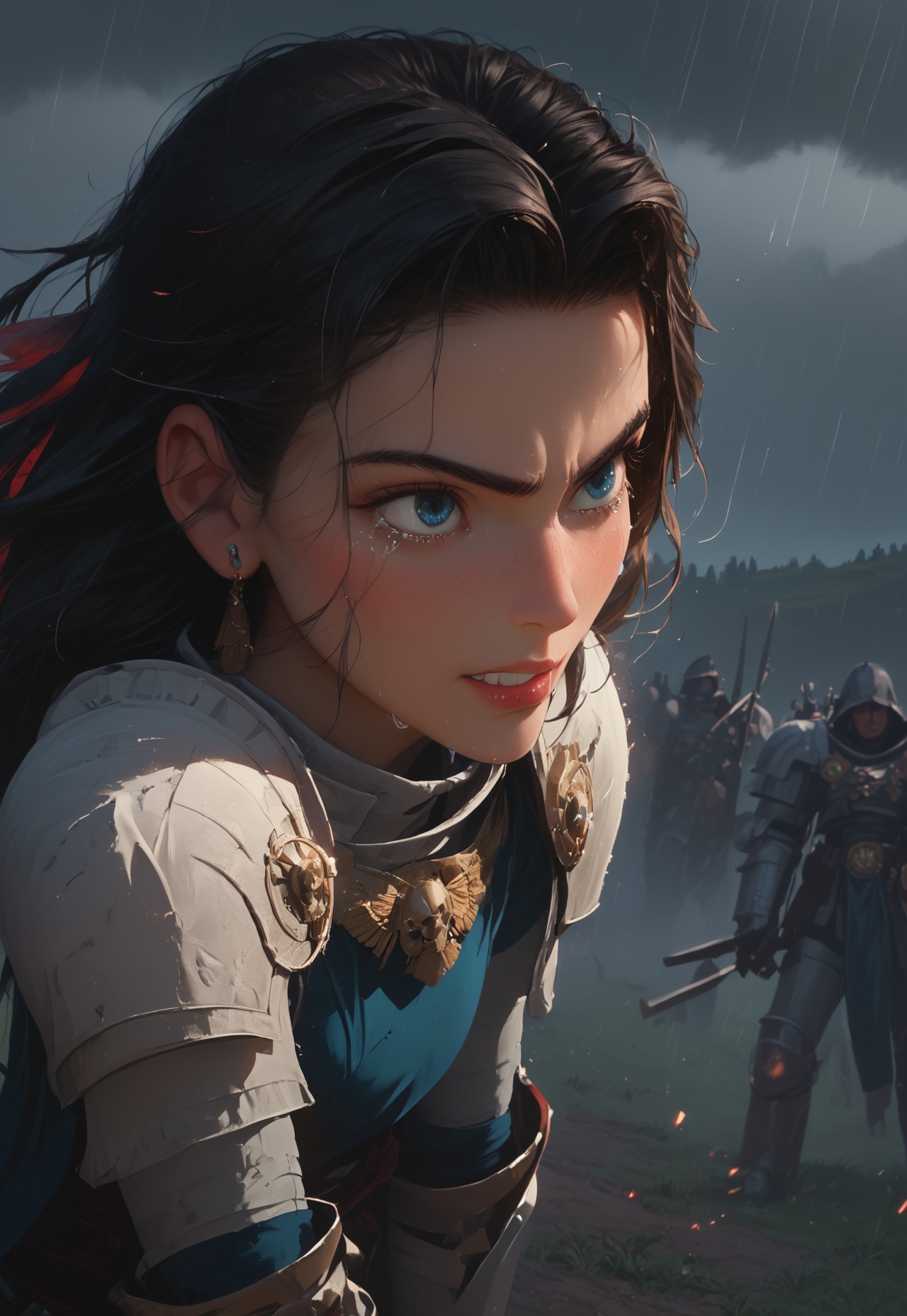 1girl, solo, 24 year old woman, large build, kneeling:1.4, beautiful, long hair, dark red hair, freckles:1.4, face uplifted:1.6, looking up, looking at the sky, earrings, fierce grin:1.5, crying:1.5, teeth clenched:1.4, angry smile:1.5, wide hips, knight armor:1.5, heavy armor, gauntlets, greaves, bright blue eyes, arms at her sides, rain falling on her face:1.5, tan skin, on knees, tears on chin, tears on cheeks,

dusk, after battle, muddy field, some grass, fallen soldiers around her:1.4, storming, dark gray sky, dark sky:1.4, streaming banners, battlefield, intense rain:1.3, dreary, raining, overcast, mountains and hills in the background,

score_9, score_8_up, score_8, masterpiece, best quality, official art, extremely detailed, CG unity 8k wallpaper, absurdres, high definition, photorealism:1.5, detailed shading, high contrast, ambient occlusion, vivid colors:1.5, saturated colors:1.6, 

downward angle:1.3, cowboy shot, cinematic, from above:1.3,

expressiveh, whites40k, tears, 