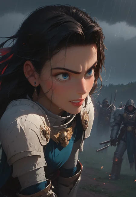 1girl, solo, 24 year old woman, large build, kneeling:1.4, beautiful, long hair, dark red hair, freckles:1.4, face uplifted:1.6, looking up, looking at the sky, earrings, fierce grin:1.5, crying:1.5, teeth clenched:1.4, angry smile:1.5, wide hips, knight armor:1.5, heavy armor, gauntlets, greaves, bright blue eyes, arms at her sides, rain falling on her face:1.5, tan skin, on knees, tears on chin, tears on cheeks,
dusk, after battle, muddy field, some grass, fallen soldiers around her:1.4, storming, dark gray sky, dark sky:1.4, streaming banners, battlefield, intense rain:1.3, dreary, raining, overcast, mountains and hills in the background,
score_9, score_8_up, score_8, masterpiece, best quality, official art, extremely detailed, CG unity 8k wallpaper, absurdres, high definition, photorealism:1.5, detailed shading, high contrast, ambient occlusion, vivid colors:1.5, saturated colors:1.6,
downward angle:1.3, cowboy shot, cinematic, from above:1.3,
expressiveh, whites40k, tears,