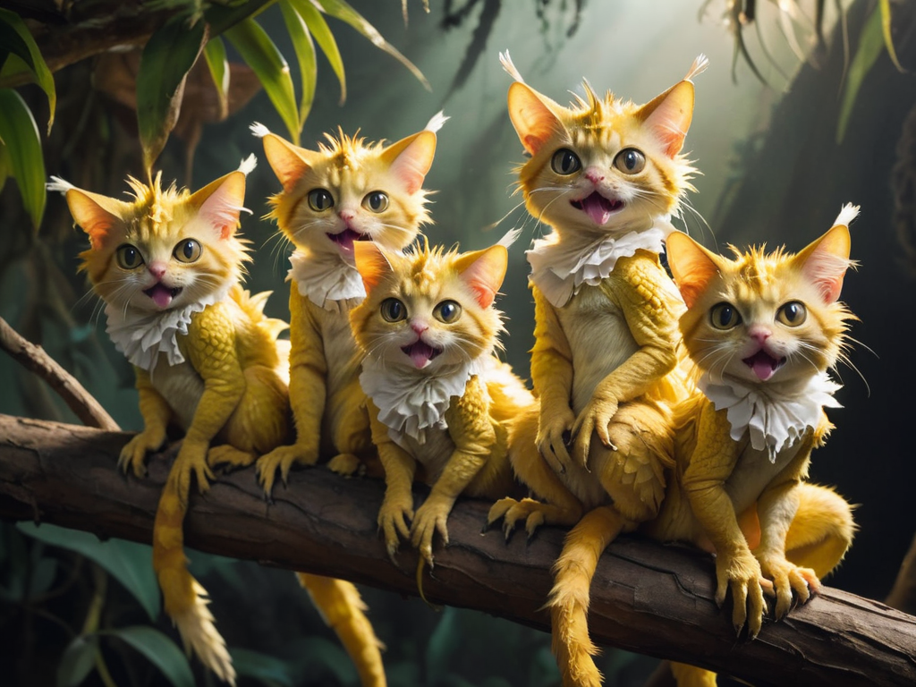 high-resolution photo of a family of lizard-cat-monster-creatures sitting on a branch, long_tongues, big_eyes,highly detailed fluffy fur and straw_yellow scaly_skin, cat-ears,frills, lizard-cat-tails, analog film,  film photography, soft lighting, heavy shadow, 16k HDRI, sharp focus, lots of detail, cinematic sophisticated lighting