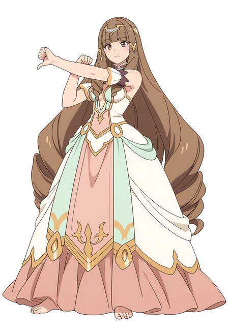 Smooth Quality,masterpiece,very intricate, high quality details, ultra realistic, high detailed skin,detailed enviorement,
white background, simple background, 
sideways,^ ^,thumbs down,standing pose, arms akimbo, feet slightly apart, determined expression, balanced posture,  ,
 <lora:Klyrode_Elizabeth_Cinabrio:0.8> klyrodeelizabeth/cnn, 1girl,brown hair, long hair,brown eyes, blunt bangs, very long hair,
drill hair, princessdress/cnn, tiara,jewelry,hair ornament,