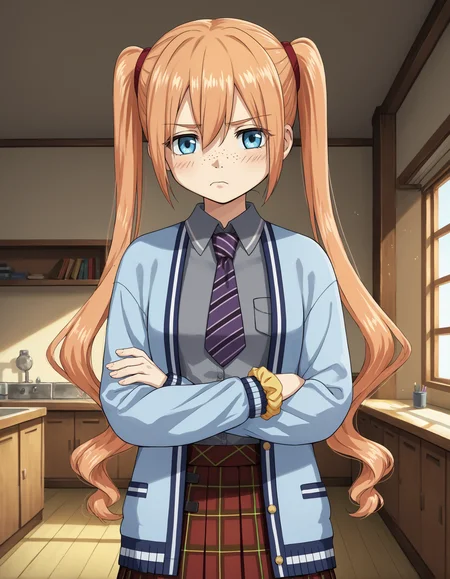 score_9, score_8_up, source_anime, 1girl, upper body, medium shot, detailed, mgrcyukarimiyuri, myrcsl, orange hair, twintails, freckles, blue eyes, red scrunchies, grey shirt, purple striped tie, blue open cardigan, yellow bracelet, red pleated plaid skirt, hands crossed, bored, indoors, looking at viewer, (side view:0.7), <lora:mgrcyukarimiyuri_XL:0.9>