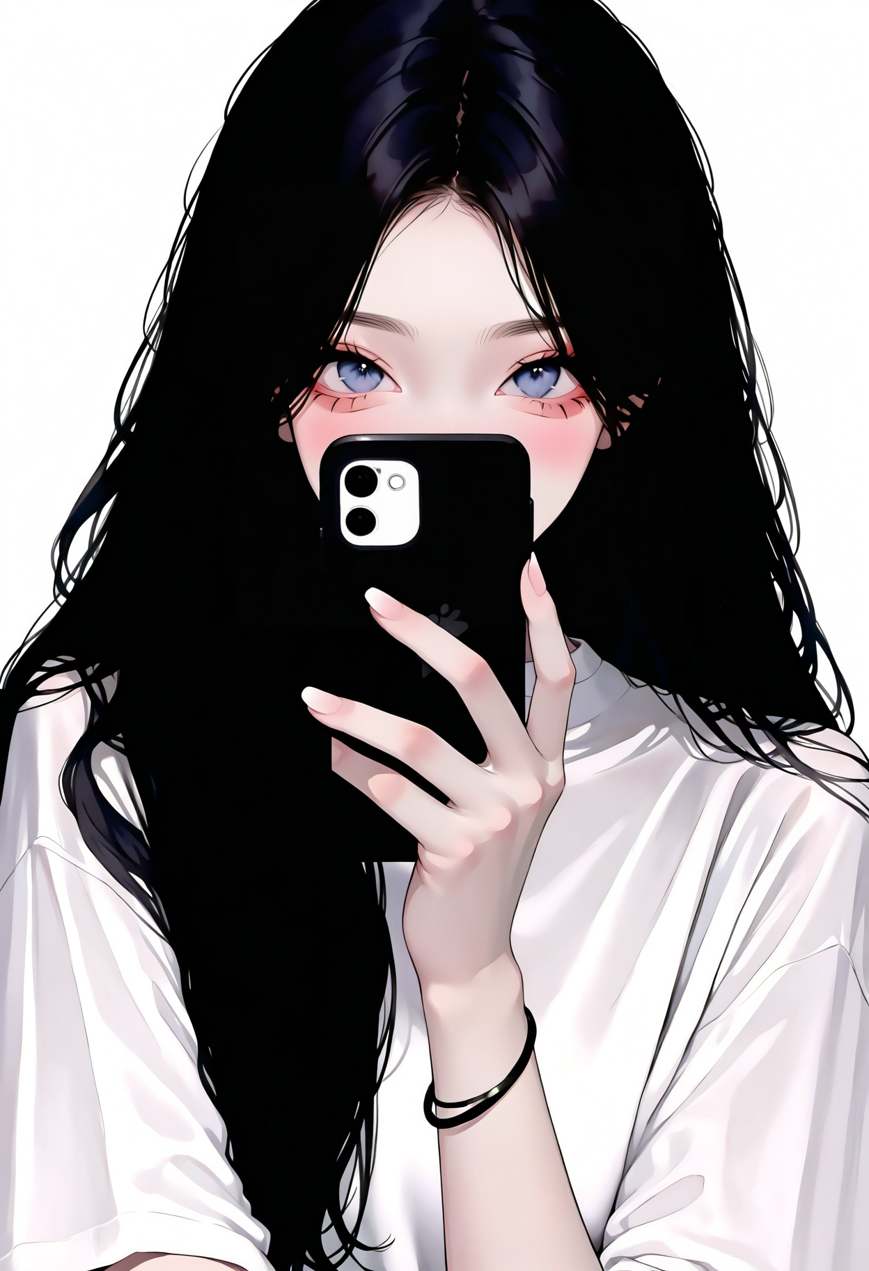 <lora:KoreanStyleSDXLvpred10:1>, AiKoreanStyle, 1girl, black hair, simple background, long hair, holding phone, white background, cellphone, white shirt, upper body, blue eyes, jewelry, selfie, bracelet, smartphone, looking at viewer, covered mouth, blush, hand up, makeup, masterpiece, best quality, year 2024, newest, highres, absurdres, very awa,