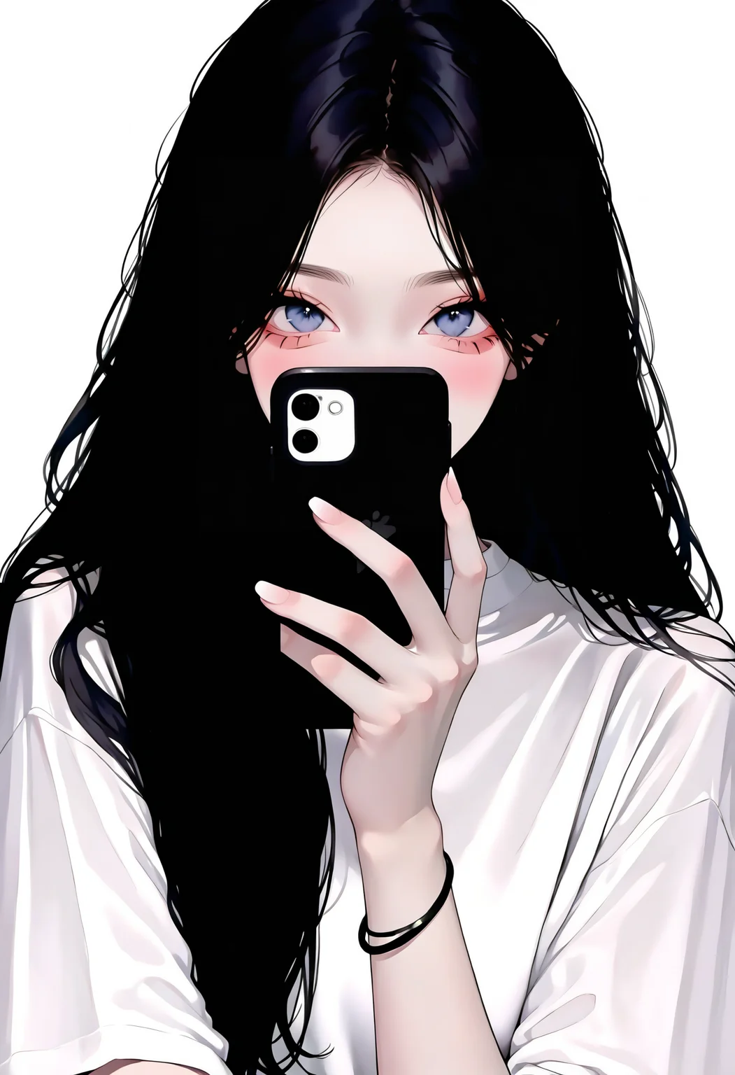 <lora:KoreanStyleSDXLvpred10:1>, AiKoreanStyle, 1girl, black hair, simple background, long hair, holding phone, white background, cellphone, white shirt, upper body, blue eyes, jewelry, selfie, bracelet, smartphone, looking at viewer, covered mouth, blush, hand up, makeup, masterpiece, best quality, year 2024, newest, highres, absurdres, very awa,