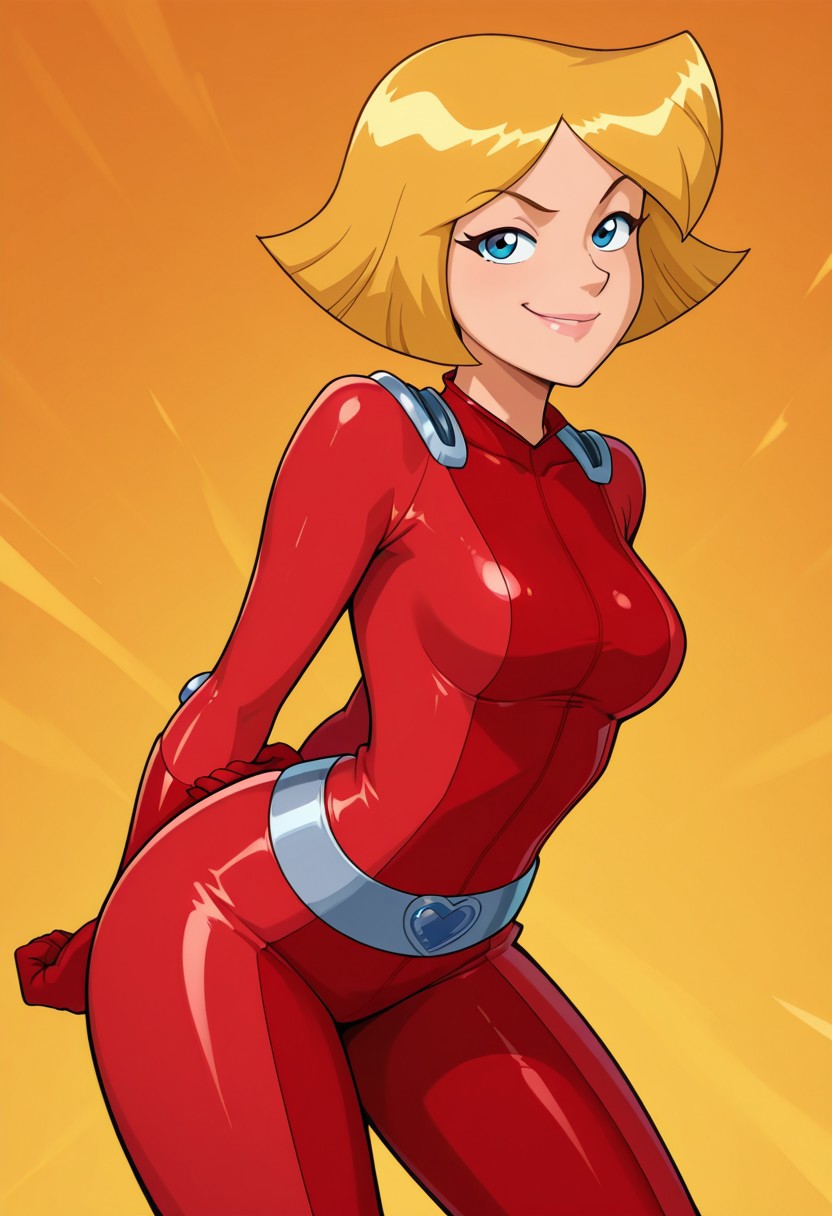 masterpiece, best quality, good quality, 1girl, solo, cartoon, parody, official style, cl0ver_totally_spies, short hair, blonde hair, blue eyes, red bodysuit, sexy, fit, medium breasts, wide hips, thick thighs, bottom heavy, beautiful, detailed, high detailed, very beautiful, detailed face, detailed eyes, detailed hand, abstract background, smile, smirk, posing, pose, hands behind back, leaning forward, looking at viewer, arched back, side view