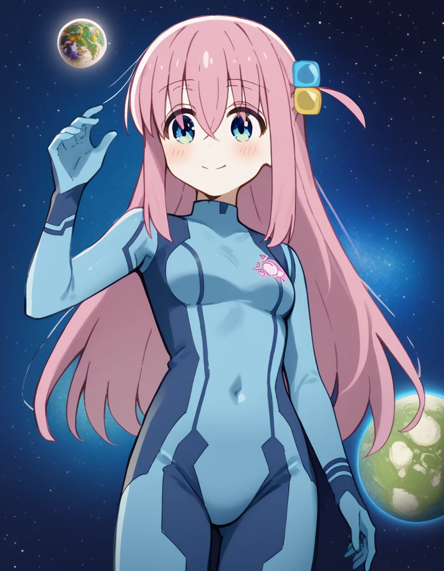 score_9, score_8_up, score_7_up, source_anime, hitorigotou, <lora:hitori-gotou-s1-ponyxl-lora-nochekaiser:1>, hitori gotou, blue eyes, cube hair ornament, hair between eyes, hair ornament, pink hair, one side up, long hair, <lora:samus-aran-cosplay-ponyxl-lora-nochekaiser:1>, samusarancosplay, samus aran \(cosplay\), blue bodysuit, bodysuit, covered navel, skin tight, zero suit,, space, planet, earth \(planet\), star \(sky\), galaxy, nebula, moon, blush, smile,, cowboy shot, dutch angle, solo,