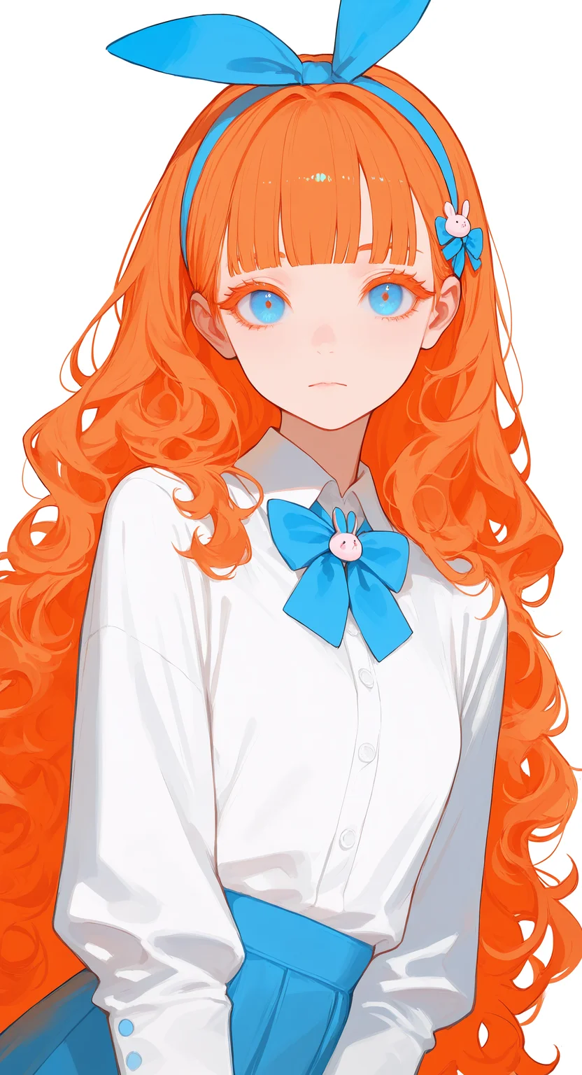 masterpiece, best quality, Good quality, very aesthetic, absurdres, newest, 1girl, bear hair ornament, blue bow, blue bowtie, blue eyes, blue hairband, blunt bangs, bow, bowtie, closed mouth, colored eyelashes, hair bow, hair ornament, hairband, long hair, orange hair, rabbit, shirt, solo, upper body, very long hair, wavy hair, white background, white shirt, looking_at_viewer,
Dutch Angle, <lora:ponyv4_noob1_2_adamW-000017:0.7> <lora:USNR_STYLE_XL_lokr:0.5> <lora:EtherSDXL:0.15>
