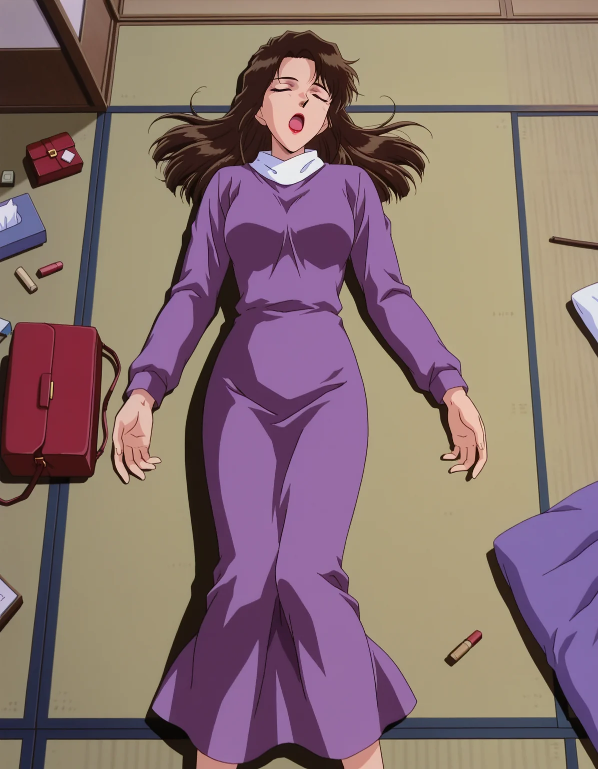 1girl,solo,masterpiece,best quality,anime screencap, 1990s \(style\),
<lora:fujimura naomi_conan_v1_IL:0.6>,(meitantei conan:0.3), fujimura naomi,brown hair,black hair,lipstick,arched bangs,wave hair,purple dress, long hair,  long sleeves, dress,red handbag,unworn bag,mature female, 
 tatami, east asian architecture,closed eyes, lying,open mouth, unconscious,from above, messy room, straight-on, zabuton,